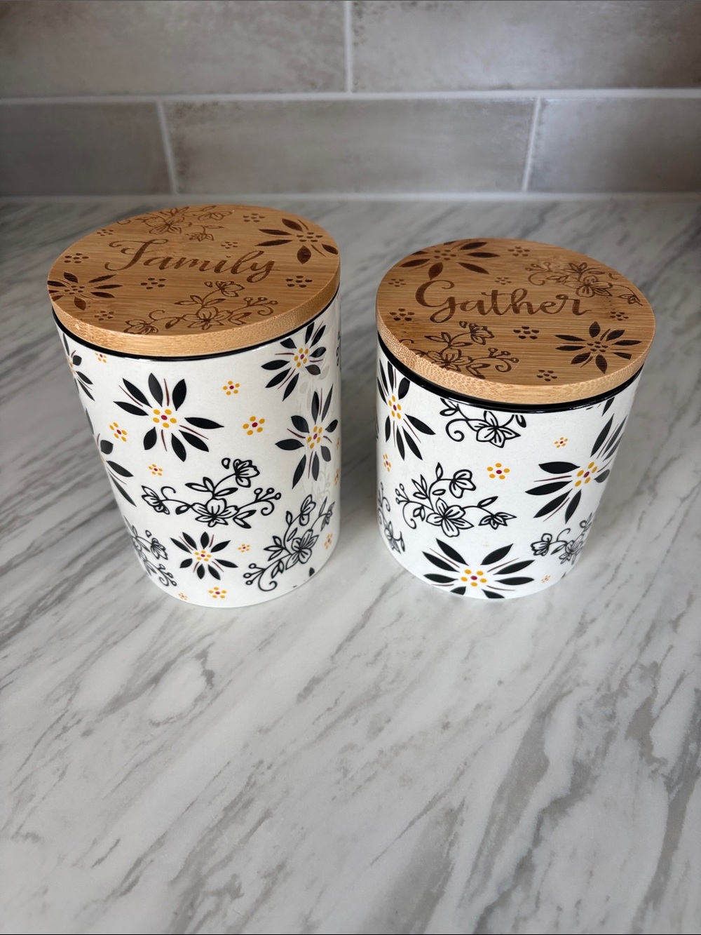 Two small Temptations Canisters Family and Gather